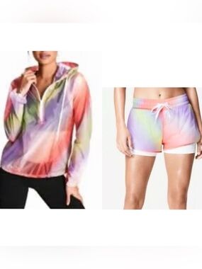 PINK Victoria's Secret Rainbow Tie-Dye Hooded Pullover & Shorts Matching Set (L)